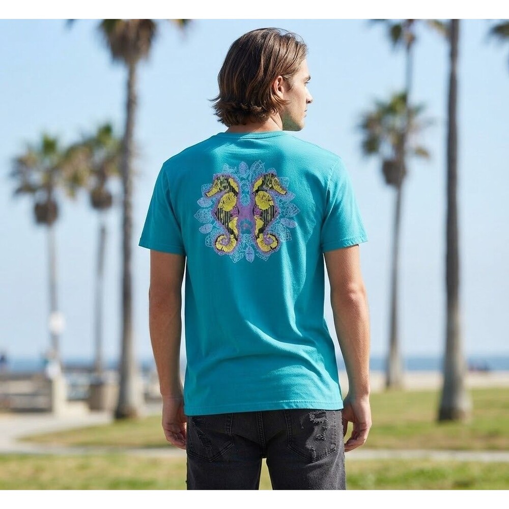 Guy Harvey T Shirt Large Teal Seahorse Mandala Graphic Tee 100% Cotton Fishing